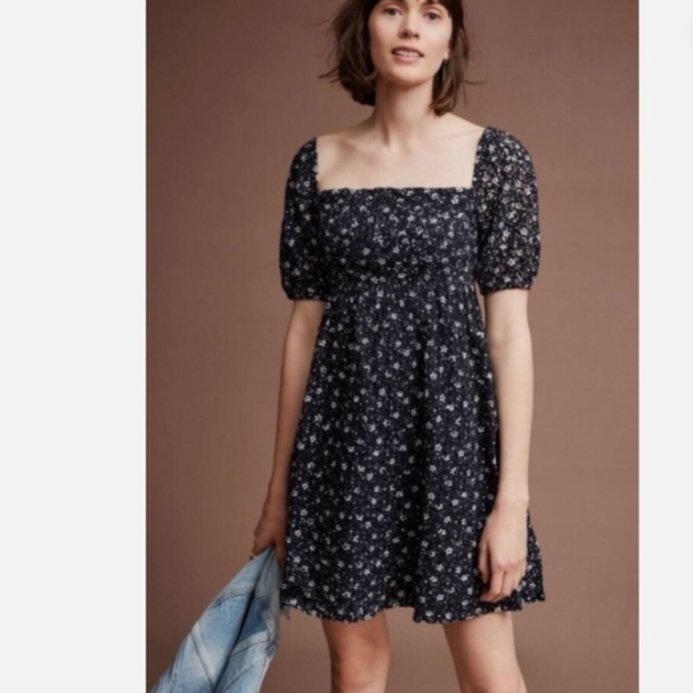 Maeve Anthropologie Lilian Blue White Eyelet Off The Shoulder Coquette Dress
